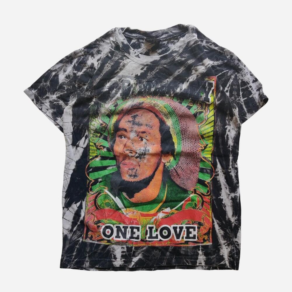 vintage Bob Marley tie-dye t-shirt with graphic of Bob Marley with the words 'ON